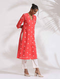 trueBrowns Orange Cotton Floral Embroidered Kurta Set