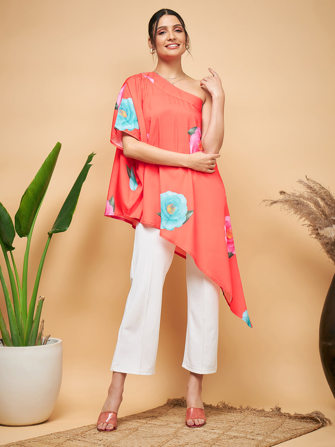 InWeave Women's Dark Orange Pink Blue Flower One Shoulder Kurta