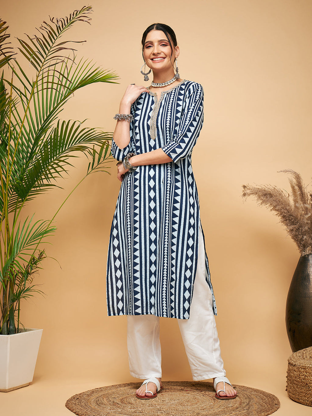 InWeave Women's White Navy Stripe Print Gota Straight Kurta Pant Set