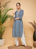 InWeave Women's White Navy Stripe Print Gota Straight Kurta Pant Set