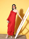 InWeave Women's Red Mirror Work One Shoulder Kurta Set