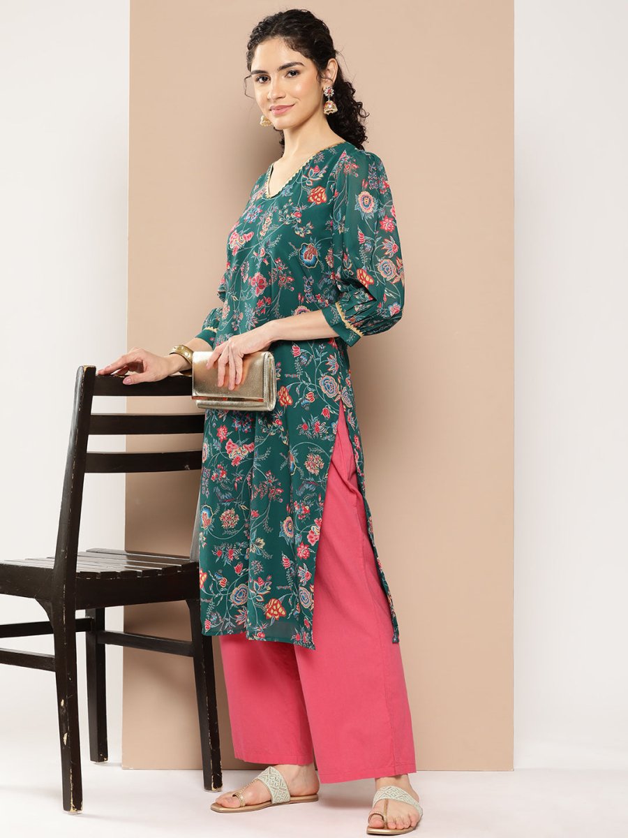 Ahalyaa Women Floral Printed Gotta Patti Floral Georgette Kurta