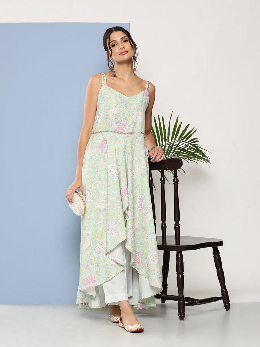 Ahalyaa Women Sea Green Floral Printed Empire Gotta Patti Kurta with Trousers