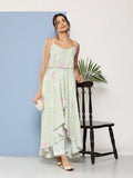 Ahalyaa Women Sea Green Floral Printed Empire Gotta Patti Kurta with Trousers