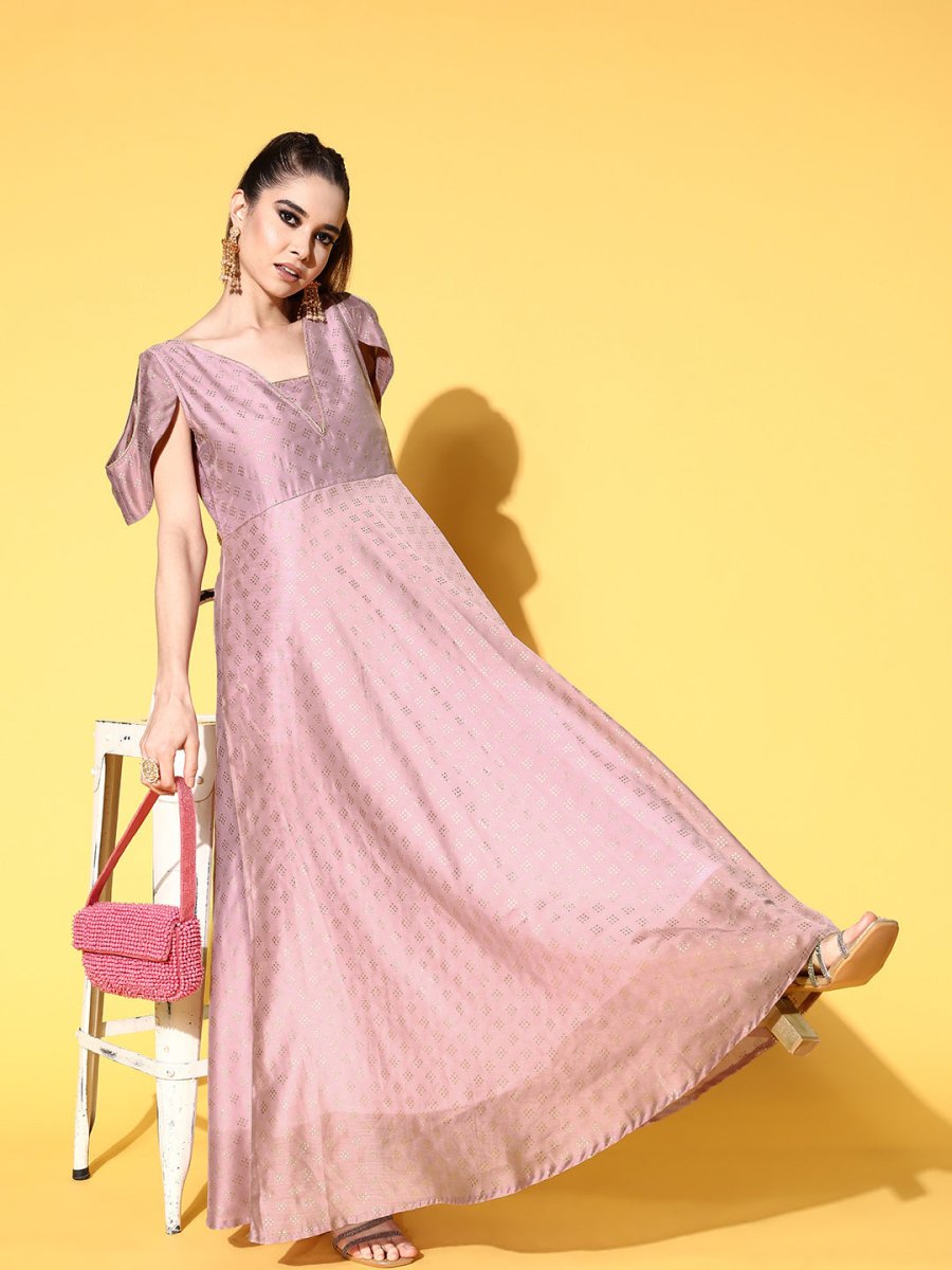 Ahalyaa Chanderi Cold-Shoulders Printed Maxi Ethnic Dress