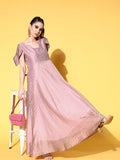 Ahalyaa Chanderi Cold-Shoulders Printed Maxi Ethnic Dress