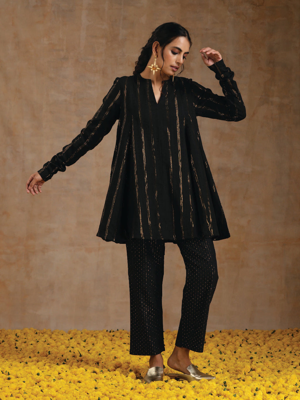 trueBrowns Black Gold Cotton Flared Co-Ord Set