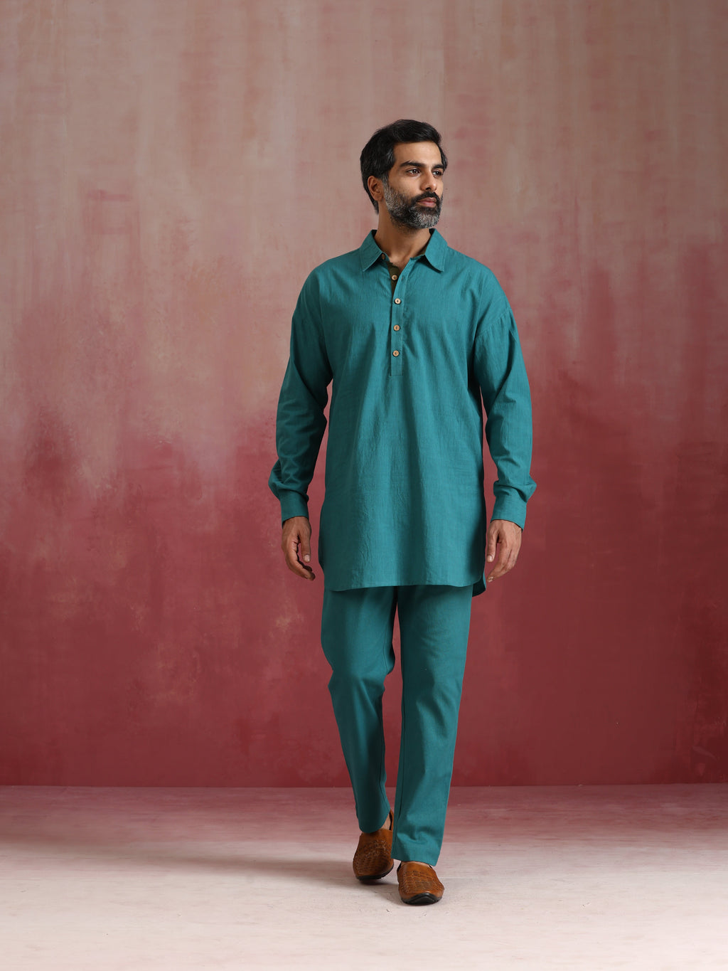 trueBrowns Men's Teal Cotton Shirt Collar Stylized Kurta Co-ord set