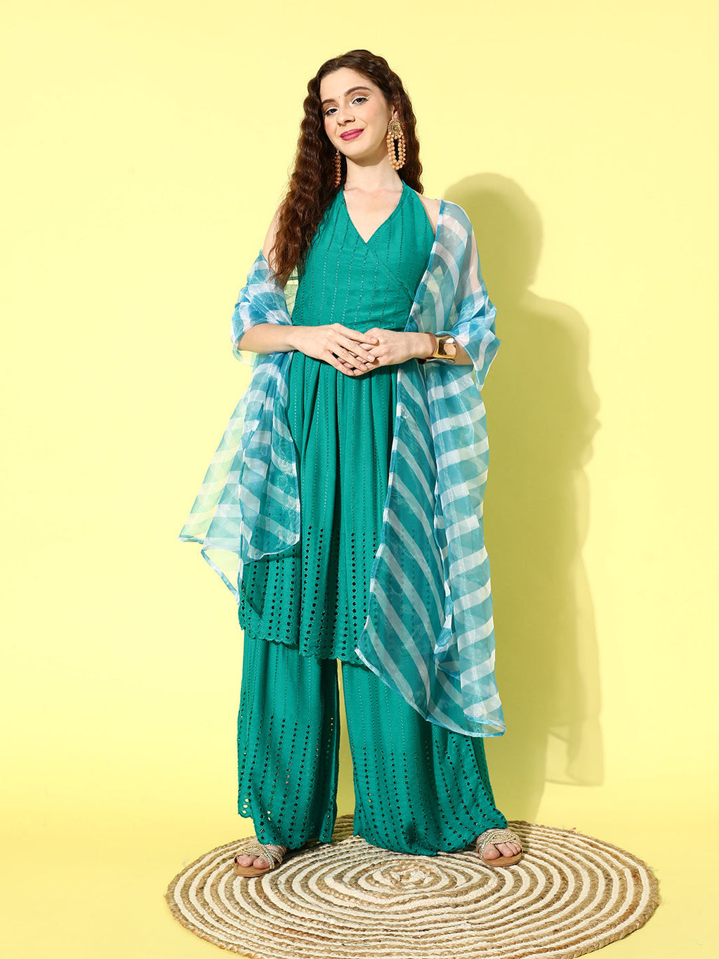 InWeave Women's Teal Lace Work Backless Kurta Sharara Set With Lehariya Dupatta