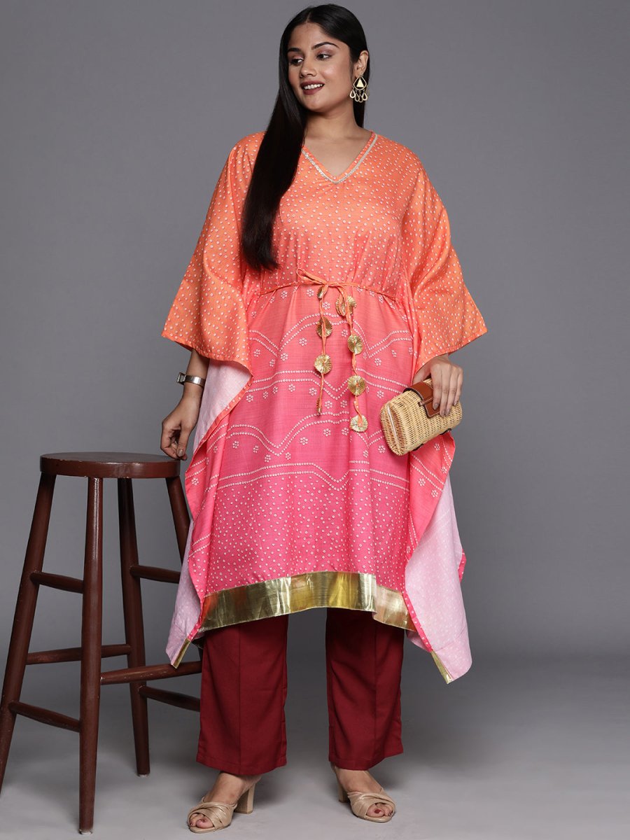 Ahalyaa Plus Size Bandhani Printed Flared Sleeves Gotta Patti Kaftan Kurta