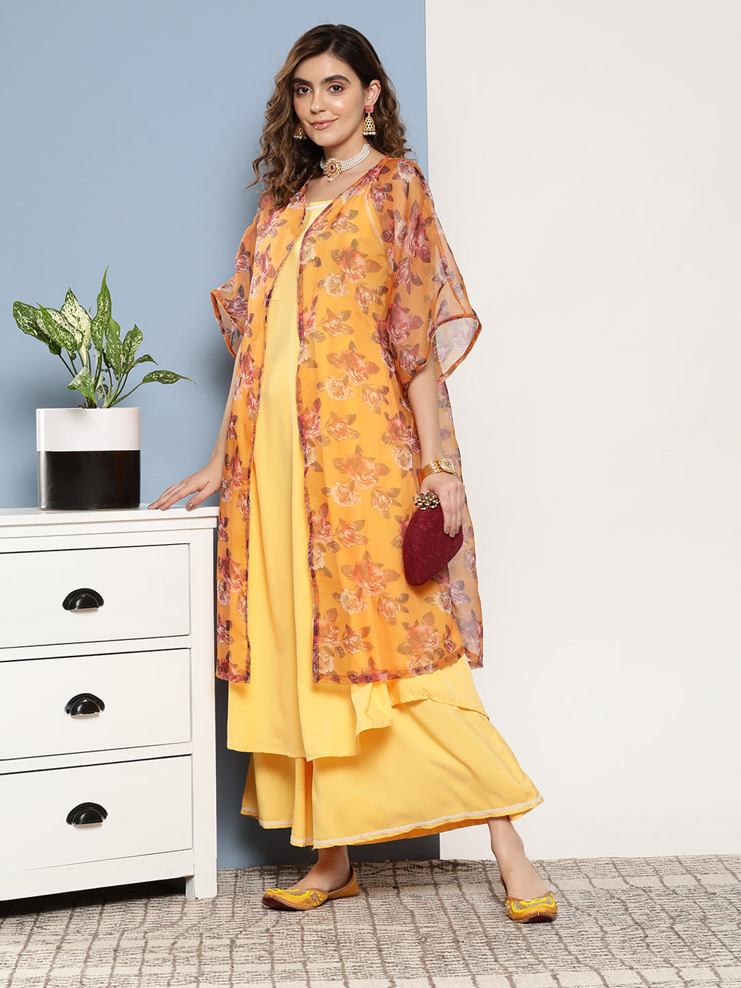 InWeave Women's Cassatta Yellow Cr Strappy Set With Mustard Brown Cape