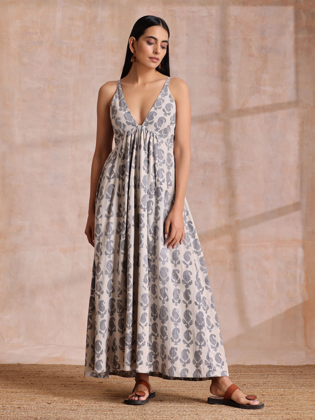 trueBrowns Grey Dabu Buta Print Cotton Sleeveless Dress