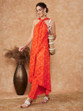 InWeave Women's Orange S Print Twisted Neckline Kurta Pant Set