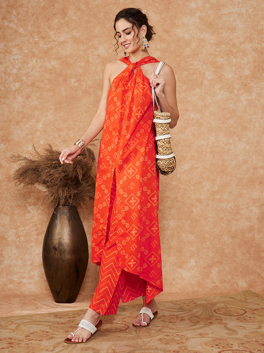 InWeave Women's Orange S Print Twisted Neckline Kurta Pant Set