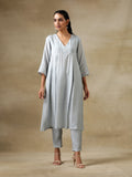 trueBrowns Grey Bandhani Printed Silk Yoke Kurta Pant Set