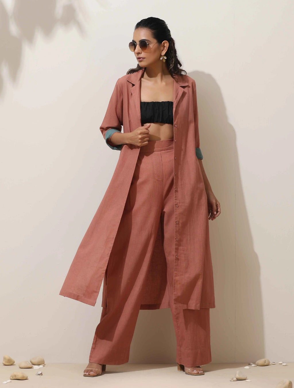 trueBrowns Peach Cotton Linen Kurta Pant Set