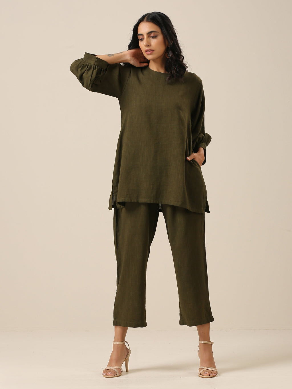 trueBrowns Olive Green Slub Texture Baggy Sleeve Co-Ord Set