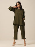 trueBrowns Olive Green Slub Texture Baggy Sleeve Co-Ord Set