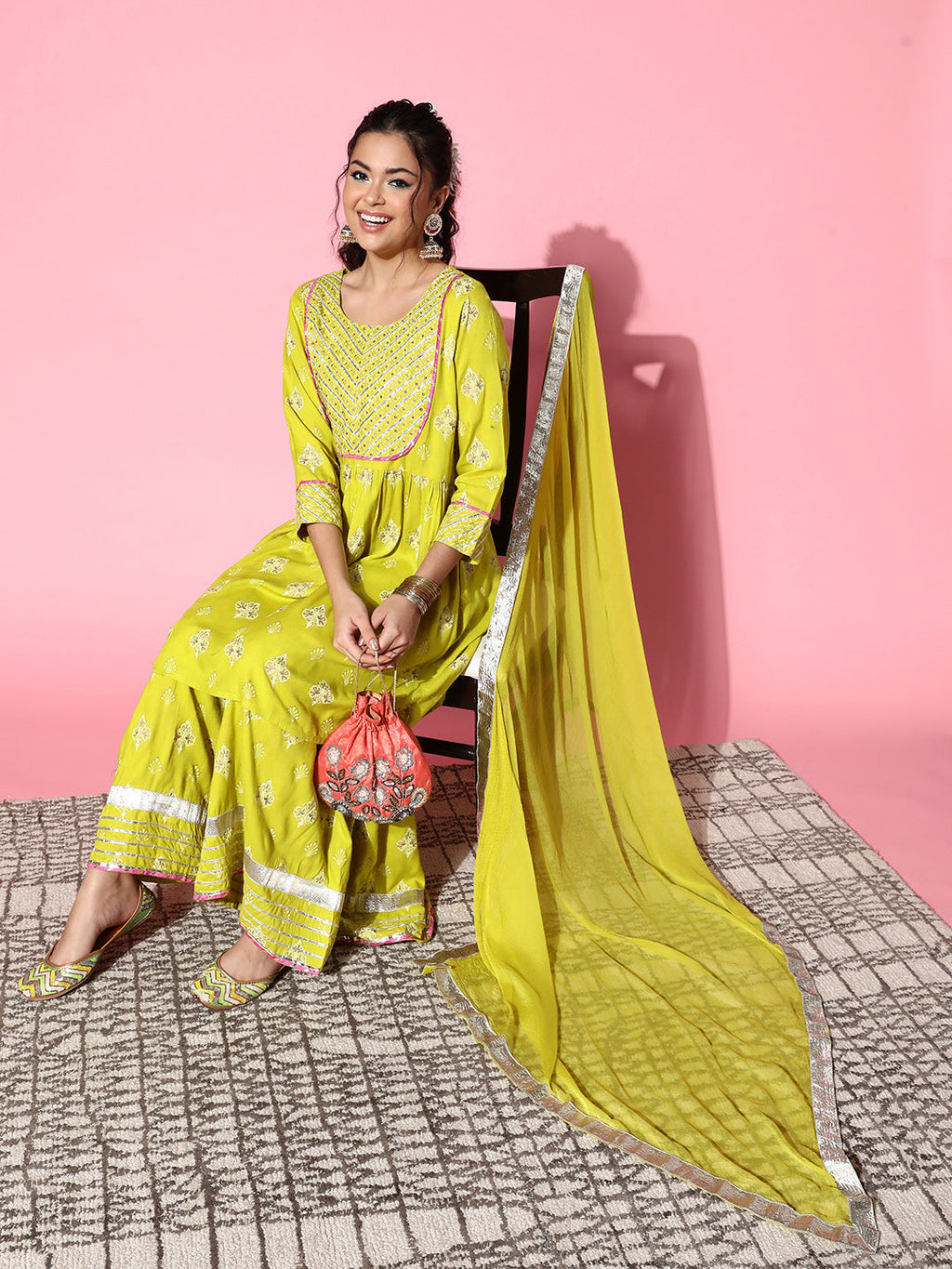 InWeave Women's Light Green Gota Work Kurta Sharara Set