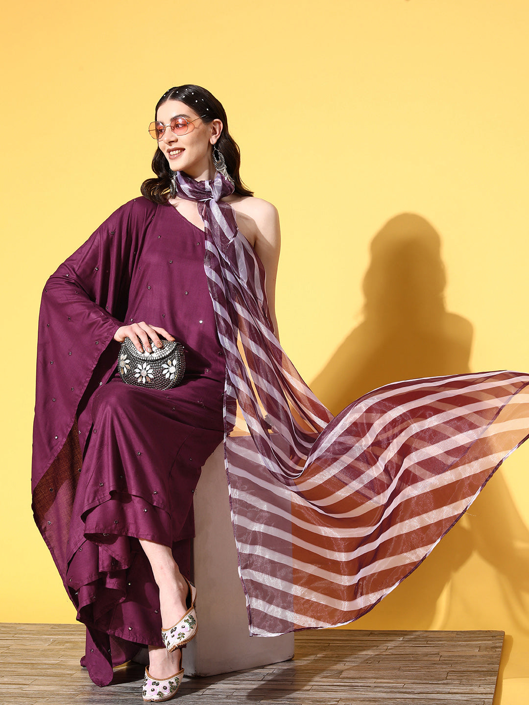 InWeave Women's Wine Mirror Work One Shoulder Kurta Set With Dupatta