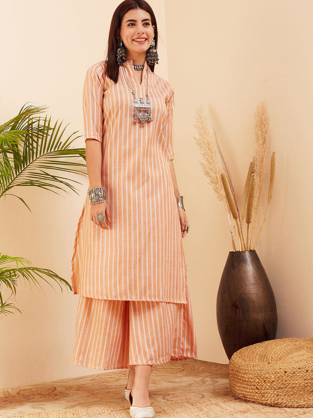 InWeave Women's Light Mustard Lurex Kantha Mandarin Neck Kurta Palazzo Set