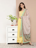 InWeave Women's Light Yellow Ray Strappy Set With Aqua Printed Border Dupatta