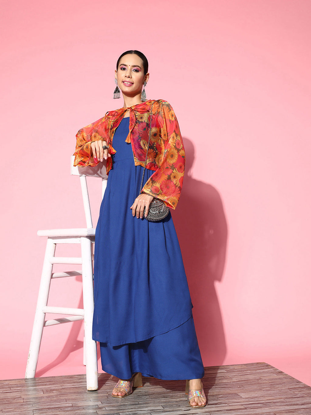 InWeave Women's Ink Blue Strappy Set With Pink Mustard Print Short Organza Cape