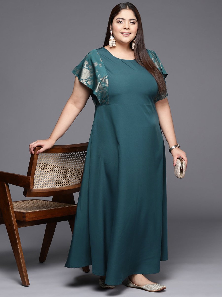 Ahalyaa Plus Size Floral Print Crepe Flared Sleeves A-line Maxi Ethnic Dress