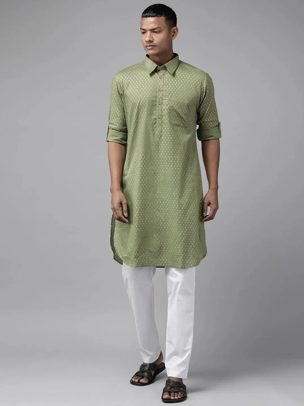 Fabmade Pure Cotton Olive Green Printed Pathani Kurta Pyjama