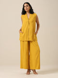 trueBrowns Mustard Yellow Slub Texture Sleevesless Jacket Pant Set