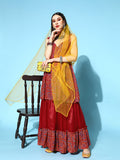 InWeave Women's Maroon Bandhani Net Sharara Set With Dupatta