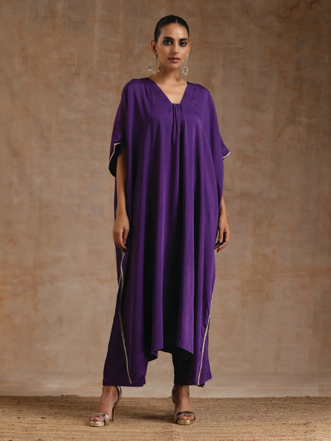 trueBrowns Violet Modal Satin Kaftan Kurta Set