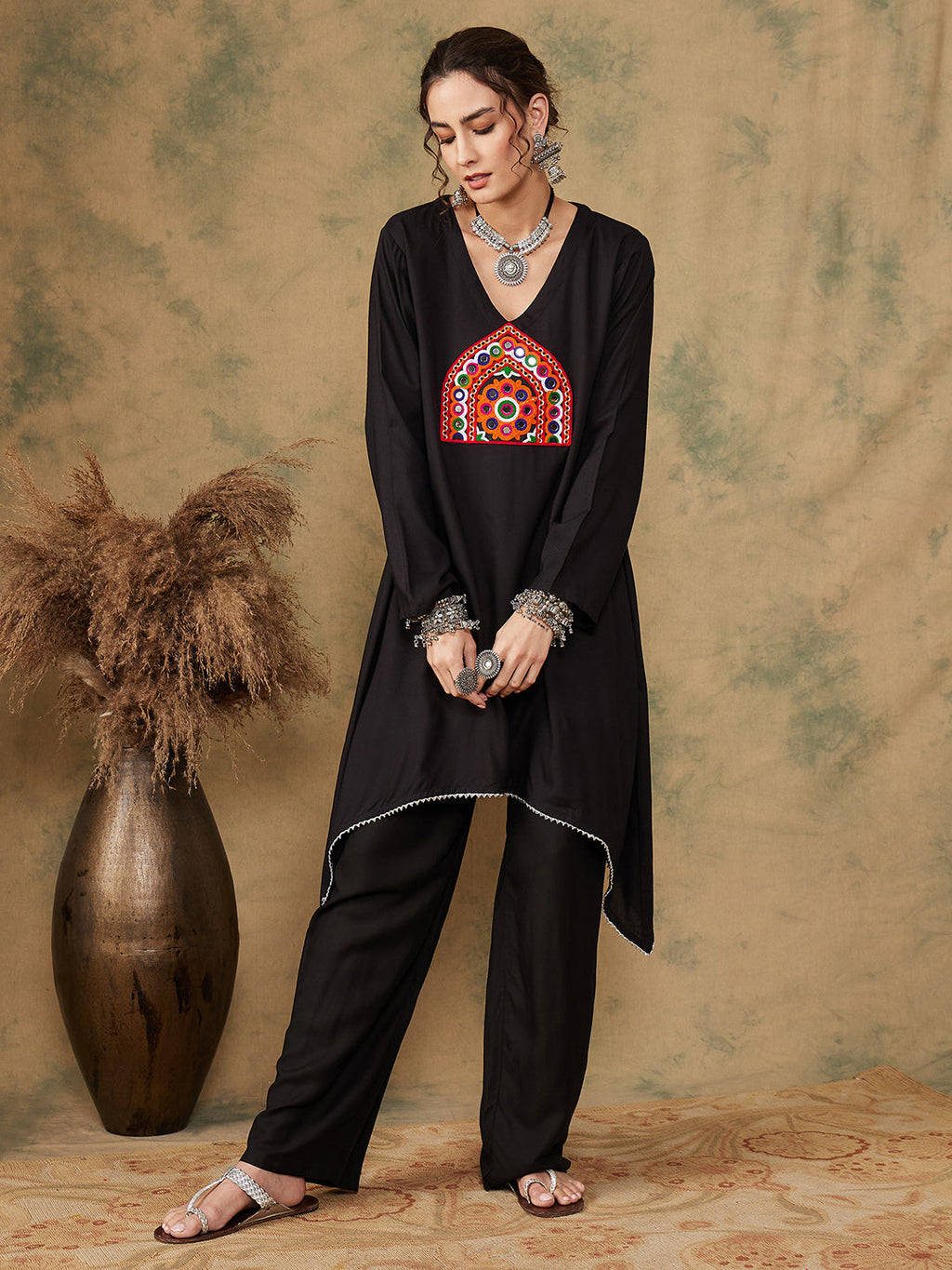 InWeave Women's Black Trangle Maroon Patch Work Assymentrical Kurta Set