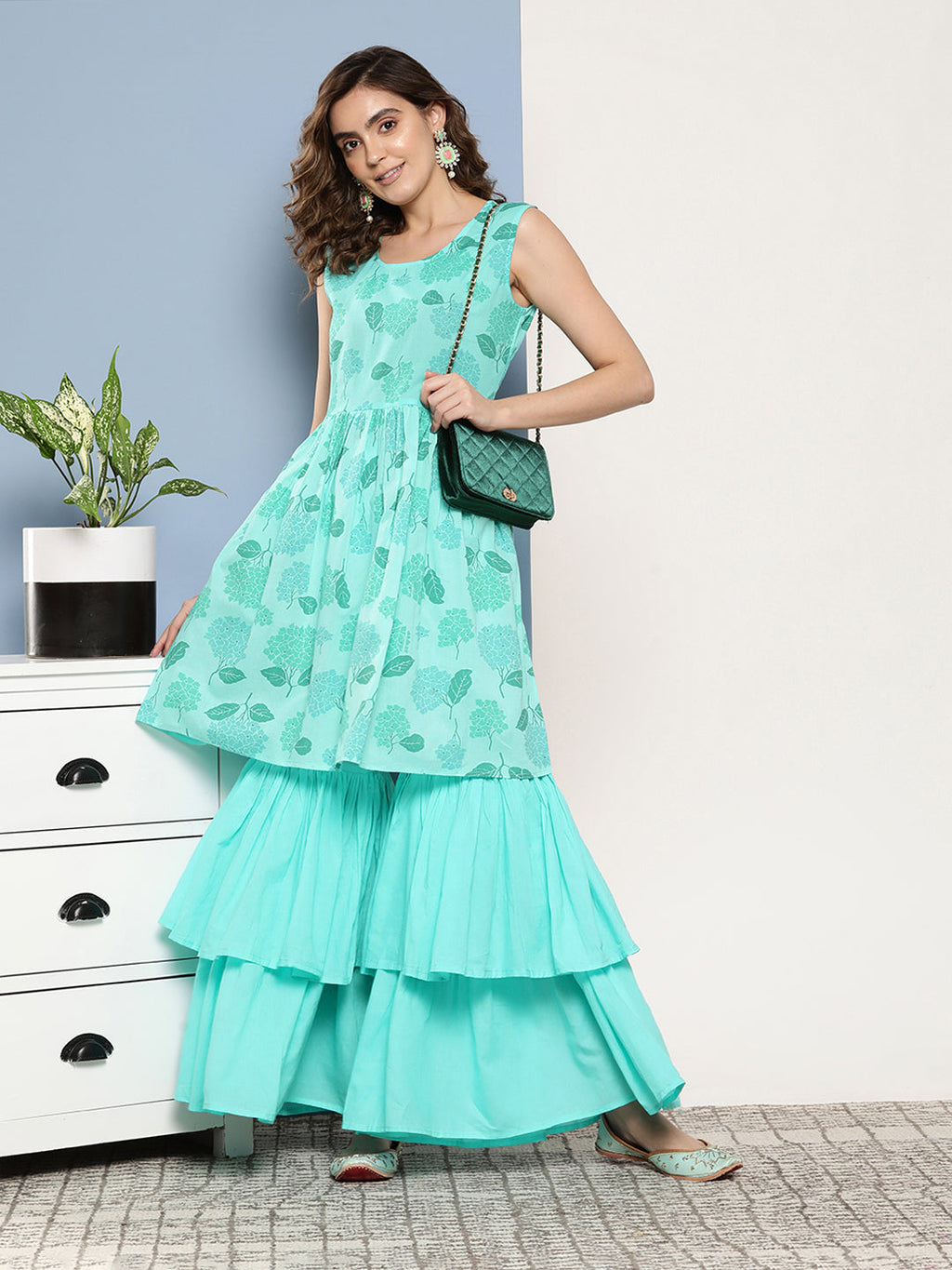 InWeave Women's Turquoise Printed Chintz Tiered Sharara Set