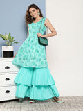 InWeave Women's Turquoise Printed Chintz Tiered Sharara Set