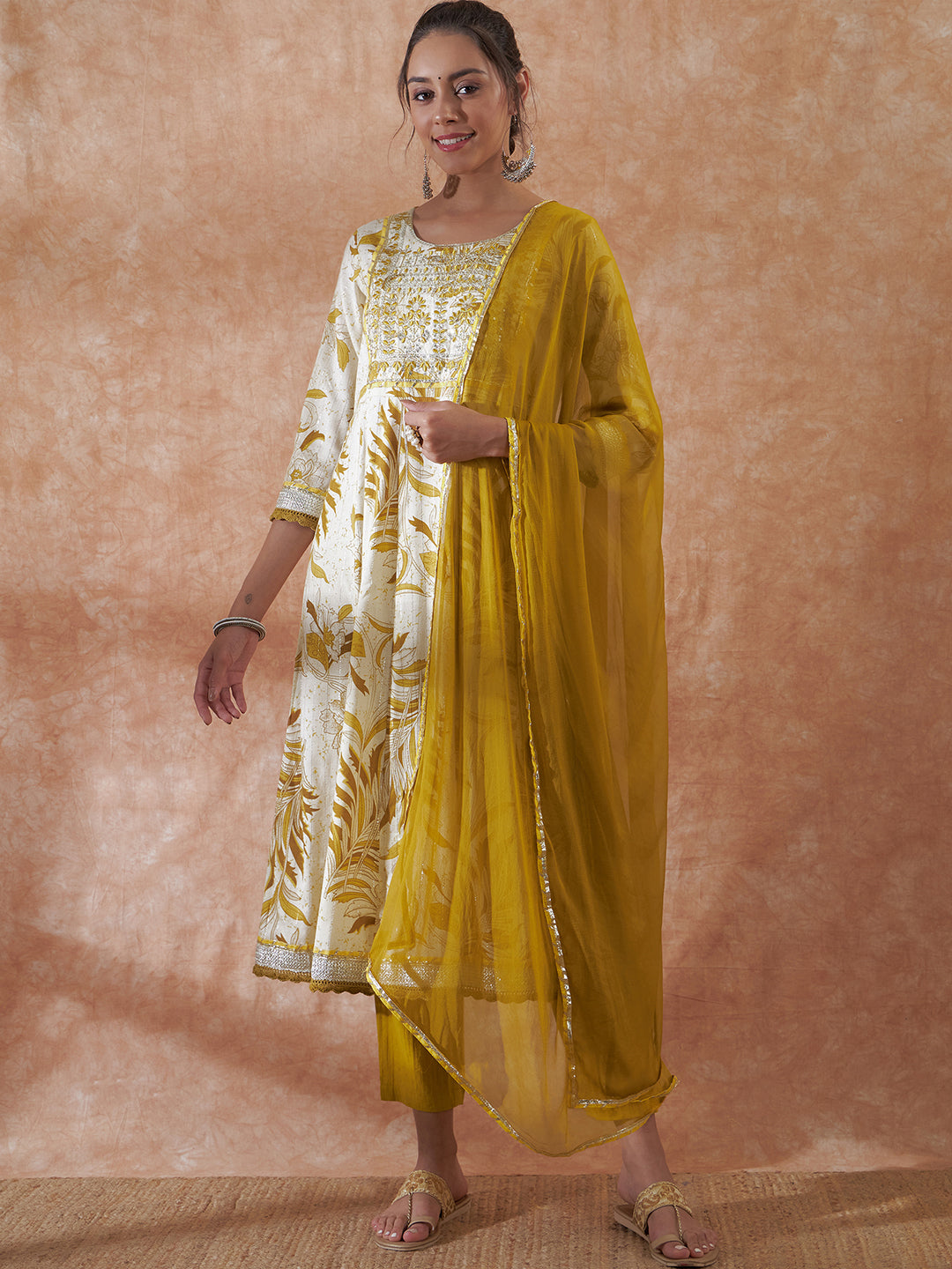 InWeave Women's White Mustard Lurex Leaf Print Patch Gota Kurta Set W Mustard Dupatta
