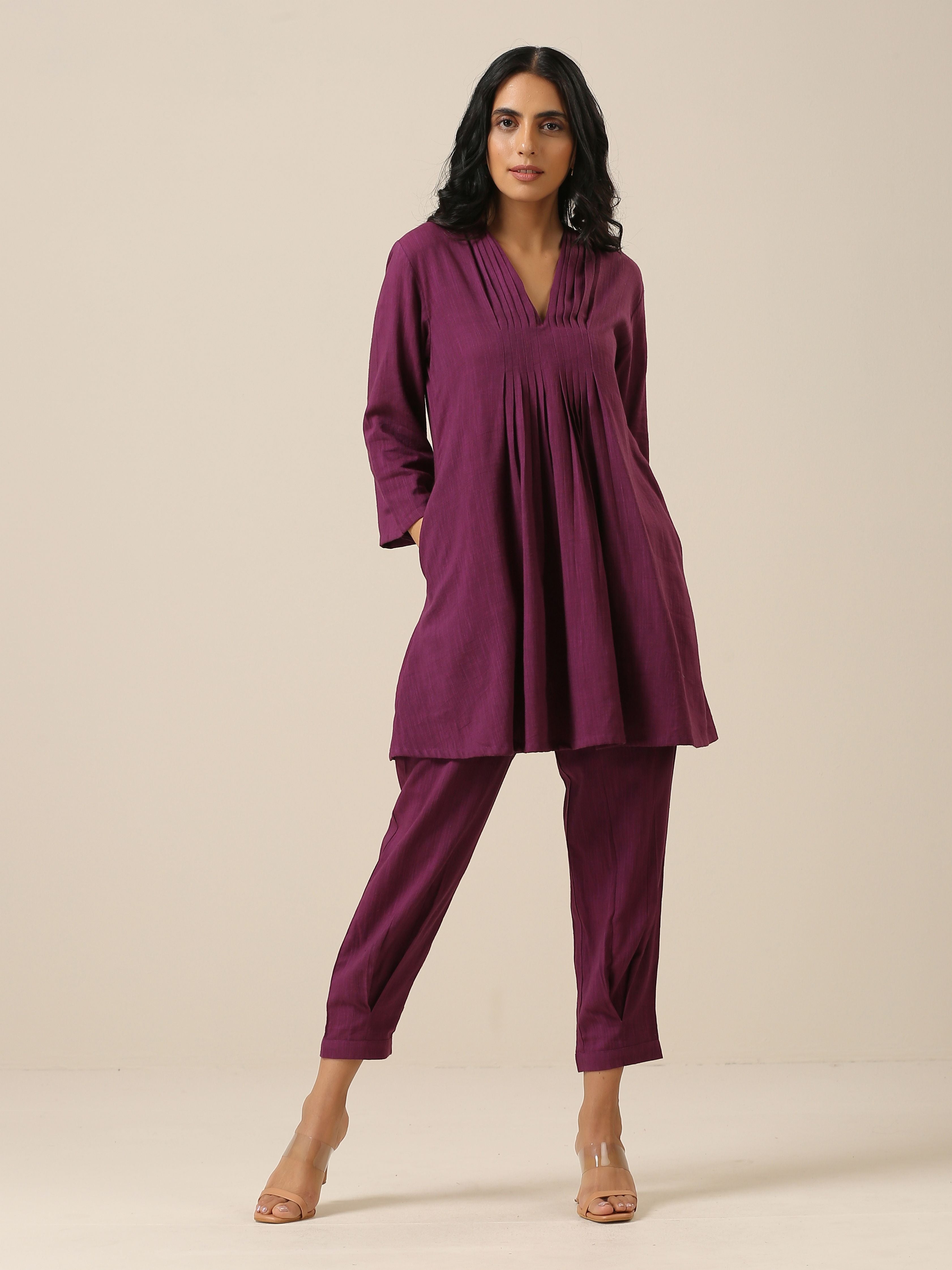 trueBrowns Plum Purple Slub Texture Pleated Co-Ord Set