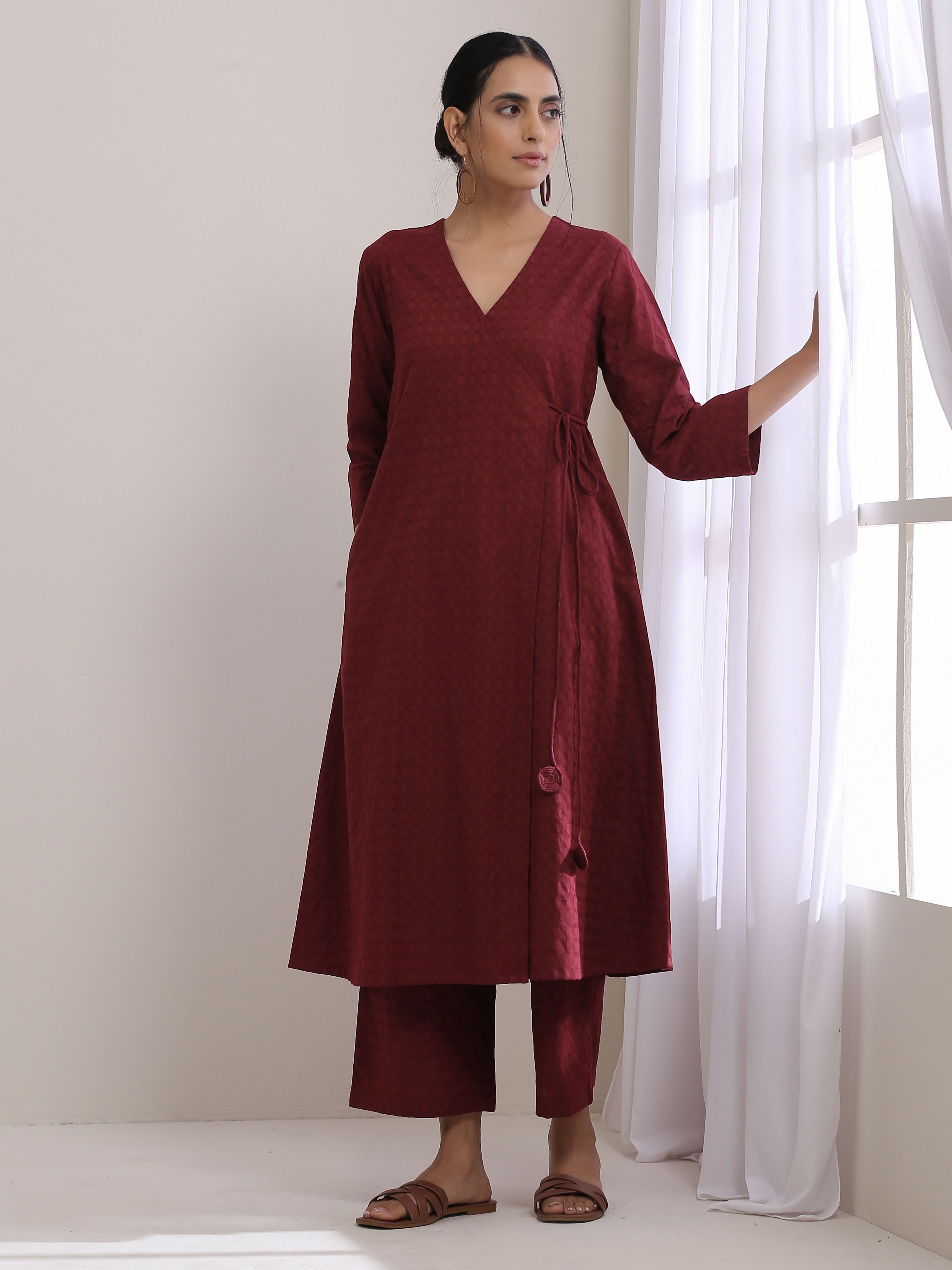 trueBrowns Ruby Wine Dobby Angrakha Pant Set