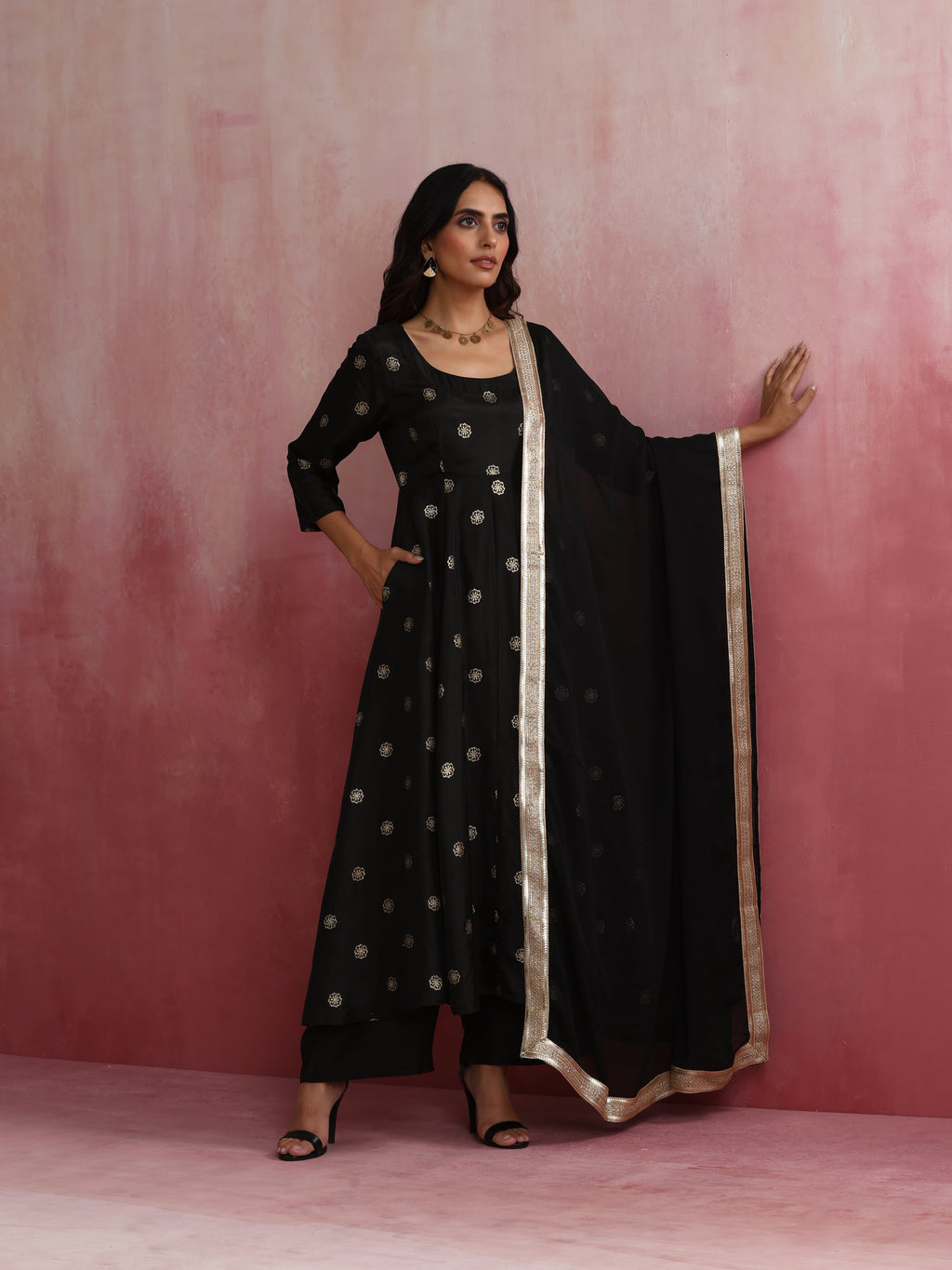 trueBrowns Black Viscose Silk Kurta Set