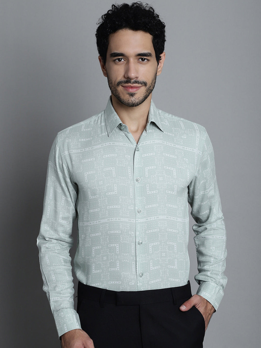 Jainish Men's Geomatric Printed Formal Shirts - Pista