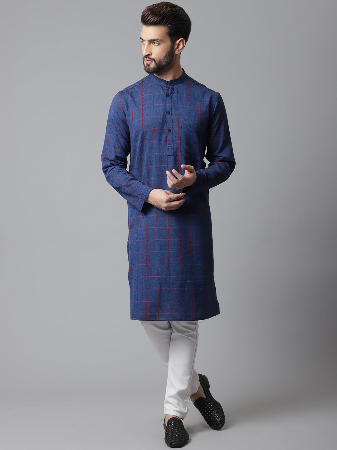 Even Apparels Blue Long Kurta With Band Collar