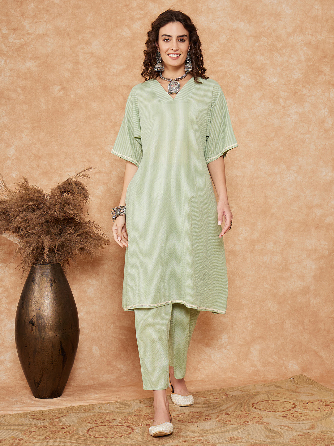 InWeave Women's Sage Green Kantha Lace Wrok Kimono Sleeve Kurta Set