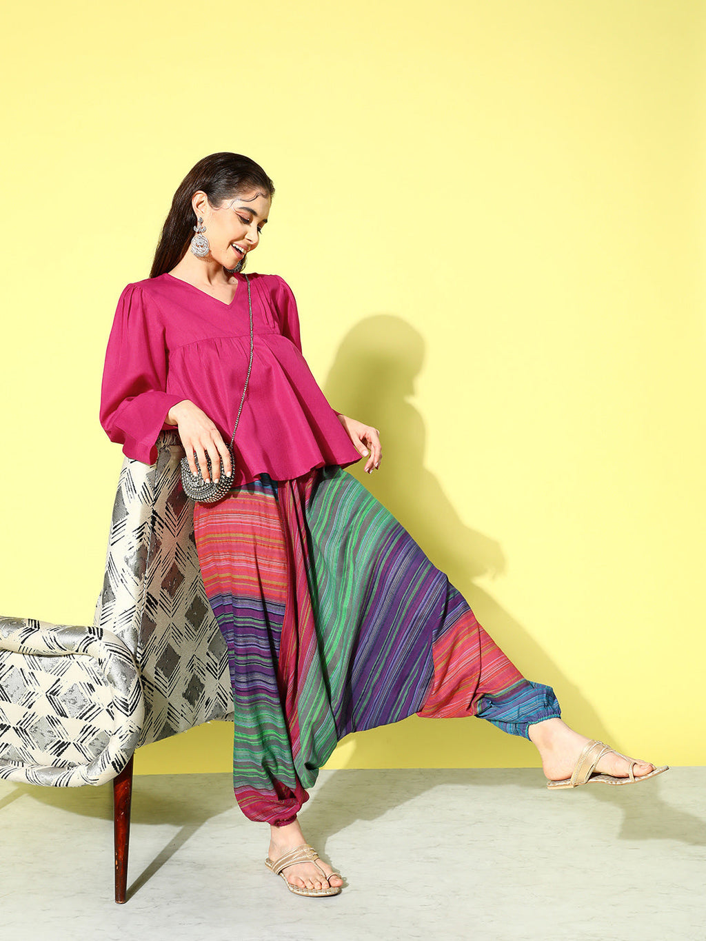 InWeave Women's Magenta Top With Multi Clr Harem Set