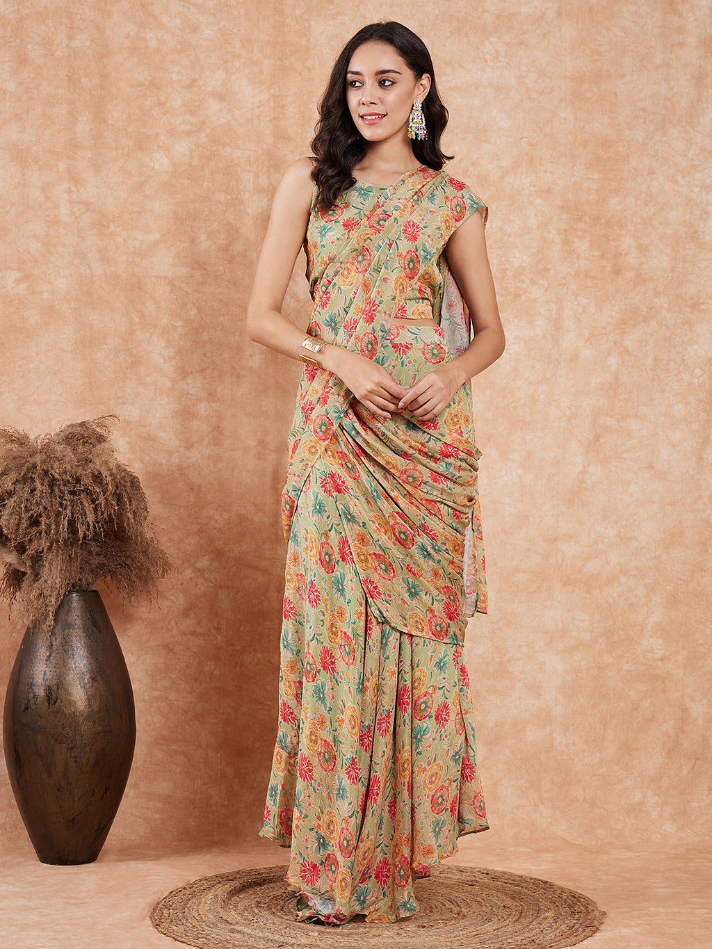 InWeave Women's Pear Green Red Floral Skirt Saree