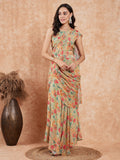 InWeave Women's Pear Green Red Floral Skirt Saree