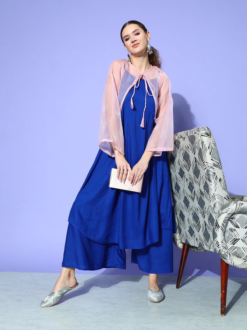 InWeave Women's Ink Blue Strappy Set With Pink Chintz Print Short Organza Cape