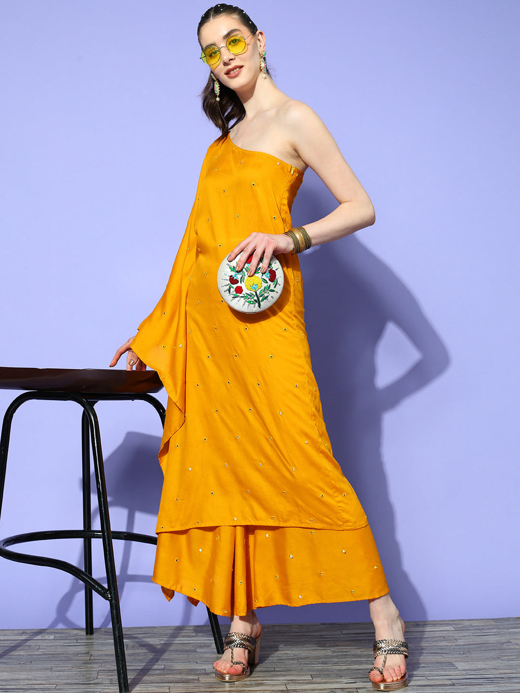InWeave Women's Mustard Mirror Work One Shoulder Kurta Set