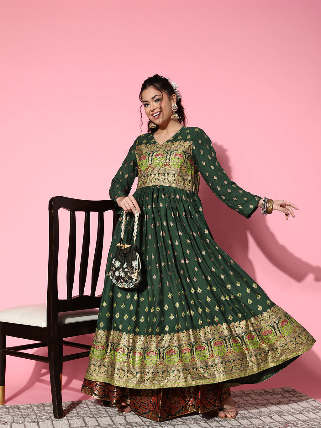 InWeave Women's Bottle Green Gold Border Anarkali Kurta