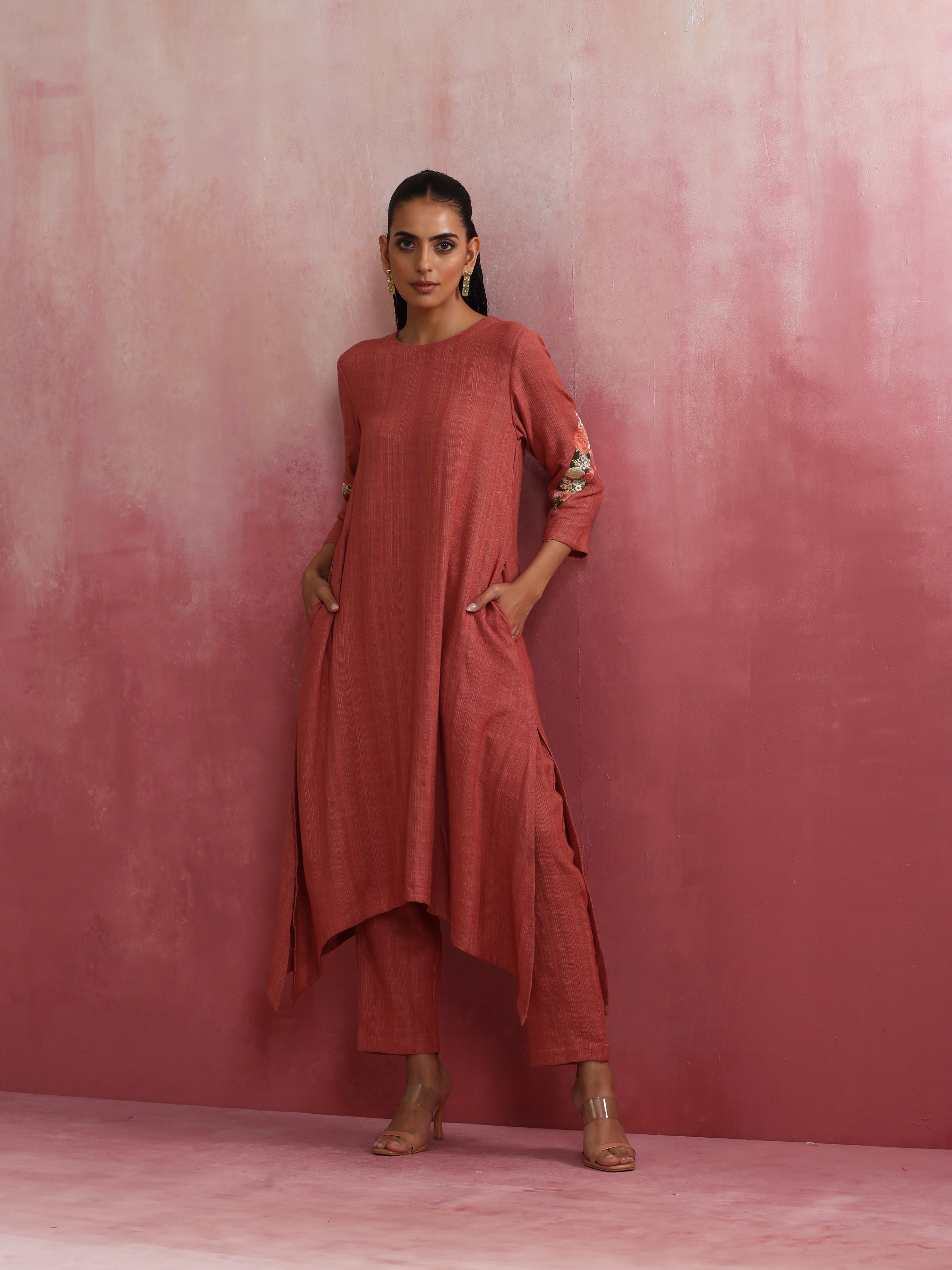 trueBrowns Peach Cotton Dobby Kurta Set