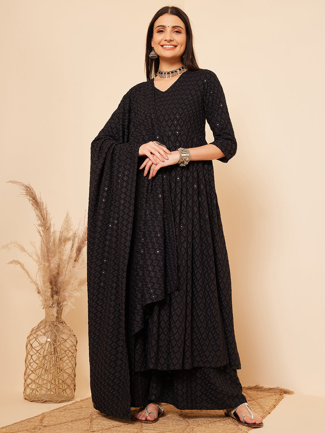 InWeave Women's Black Chikankari Long Anarkali Kurta Sharara Set W Dupatta